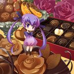  bad_id bad_pixiv_id box_of_chocolates carnelian chibi chocolate copyright_request dress flower food in_food long_hair minigirl purple_eyes purple_hair solo twintails 