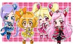  4girls aono_miki blonde_hair blue_boots blue_eyes blue_skirt boots bow brown_hair chibi cure_berry cure_passion cure_peach cure_pine eyelashes fresh_precure! fresh_pretty_cure! futari_wa_pretty_cure hair_ornament heart heart_hair_ornament higashi_setsuna knee_boots long_hair magical_girl momozono_love multiple_girls orange_eyes pantyhose pink_bow pink_eyes pink_hair precure pretty_cure purple_hair skirt smile thighhighs yamabuki_inori 