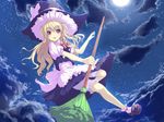  blonde_hair braid broom cloud hat kirisame_marisa long_hair moon night satou_takeshi solo touhou witch_hat yellow_eyes 