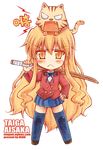  aisaka_taiga animal animal_on_head bad_id bad_pixiv_id bokken brown_eyes brown_hair cat cat_on_head chibi korean long_hair nean on_head oohashi_high_school_uniform palmtop_tiger school_uniform solo sword thighhighs tiger toradora! weapon wooden_sword 