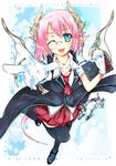  bad_id bad_pixiv_id blue_eyes book copyright_request dragon dragon_girl fangs glasses gloves horns monocle monster_girl necktie one_eye_closed pink_hair pointy_ears shirokitsune skirt solo thighhighs white_gloves 