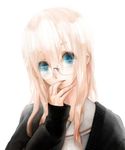  bespectacled blonde_hair blue_eyes finger_in_mouth glasses hands long_hair megurine_luka michi_ta_(masquerade) simple_background solo upper_body vocaloid 