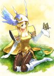  armor blonde_hair blue_eyes bob_(biyonbiyon) boots bug butterfly butterfly_on_hand elbow_gloves gloves helmet highres insect knee_boots long_hair low-tied_long_hair pantyhose riesz seiken_densetsu seiken_densetsu_3 solo thighband_pantyhose vanadis white_gloves 