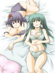  bare_shoulders bed bra breast_rest breasts cleavage green_hair hair_ornament highres inu_mamoru_mizuki kochiya_sanae lace lace-trimmed_bra lace-trimmed_panties large_breasts lingerie lying multiple_girls on_back on_stomach orange_eyes panties pillow purple_hair red_eyes smile snake touhou underwear underwear_only yasaka_kanako 