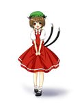  animal_ears ayase_miko brown_eyes brown_hair cat_ears cat_tail chen fang hat multiple_tails short_hair solo tail touhou 