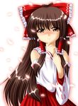  blush bow brown_hair detached_sleeves hair_bow hakurei_reimu kagura_chitose long_hair orange_eyes solo touhou 