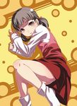  brown_eyes brown_hair doujima_nanako from_above lying persona persona_4 socks solo tasaka_shinnosuke textless yellow_background 