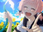  alternate_hairstyle blush closed_eyes cloud day flower happy heart hose just_be_friends_(vocaloid) laughing megurine_luka pink_hair pointing school_uniform screencap serafuku short_hair sky smile solo sunflower twintails vocaloid water yunomi_(yunomi_imonuy) 