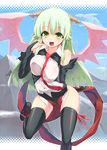  absurdres bad_id bad_pixiv_id bare_shoulders breasts fang green_eyes green_hair highres homura_subaru horns large_breasts original solo thighhighs wings 