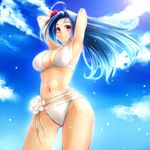  armpits bikini blue_hair breasts cleavage cloud day happy idolmaster idolmaster_(classic) large_breasts legs long_hair miura_azusa npon515 purple_eyes sky solo swimsuit wet wide_hips 