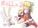  blonde_hair boots bunny eating food green_eyes knee_boots long_hair painpa pinky_out ponytail red_skirt rockman roll skirt solo 