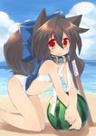  animal_ears beach black_hair collar criss-cross_halter day fang food fruit halter_top halterneck hands holding holding_food holding_fruit kannagi_cocoa melon original solo swimsuit tail toba_hiyoko watermelon 