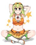  armpits bad_id bad_pixiv_id blush boots breasts cleavage goggles green_eyes green_hair gumi indian_style medium_breasts midriff oekaki rkrk short_hair sitting skirt smile solo vocaloid 