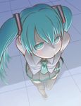  :&gt; angry aqua_eyes aqua_hair arms_behind_back bad_id bad_pixiv_id blush foreshortening from_above hatsune_miku highres long_hair looking_at_viewer looking_up necktie pout skirt solo thighhighs twintails uyama_hajime vocaloid zettai_ryouiki 