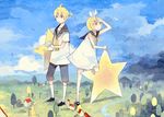  1girl bad_id bad_pixiv_id blonde_hair blue_eyes brother_and_sister day dress gemini_(vocaloid) giant giantess hair_ornament hair_ribbon hairclip kagamine_len kagamine_rin mig_(36th_underground) ribbon short_dress short_hair siblings sky star twins vocaloid 