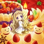  bad_id bad_pixiv_id blonde_hair candle carnelian copyright_request dress food fruit hair_ribbon in_food long_hair minigirl purple_eyes ribbon solo strawberry very_long_hair 