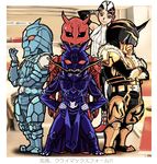  4boys crossed_arms full_body helmet horns kamen_rider kamen_rider_den-o_(series) kintaros momotaros multiple_boys muscle naomi_(den-o) orange_eyes pose ryutaros standing urataros yusao 