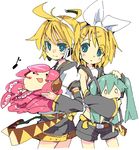  3girls ahoge belt blonde_hair blue_eyes blush detached_sleeves flat_chest green_hair hachune_miku hair_ornament hairband hairclip hatsune_miku headset holding ixy kagamine_len kagamine_rin long_hair megurine_luka multiple_girls necktie short_hair short_shorts shorts skirt takoluka twintails vocaloid white_background 