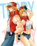  1girl back-to-back blonde_hair denim denim_shorts dual_persona fatal_fury fingerless_gloves genderswap genderswap_(mtf) gloves hat midnight_bliss midriff short_shorts shorts snk svc_chaos taki_(nakochan) terry_bogard the_king_of_fighters 