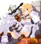  aasara armor blonde_hair blush bread breasts brown_eyes cheese chocolate cleavage eating elf fantasy_earth_zero food gauntlets greaves heart huge_weapon long_hair meat medium_breasts pauldrons pointy_ears solo sword thighhighs torn_clothes weapon white_legwear 