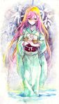  aqua_eyes bad_id bad_pixiv_id colorful japanese_clothes kimono long_hair megurine_luka nayuko pink_hair snow solo traditional_media vocaloid watercolor_(medium) 