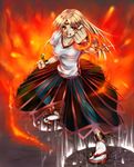  bad_id bad_pixiv_id blonde_hair chain cuffs fighting_stance ground_shatter horn hoshiguma_yuugi long_hair red_eyes sandals see-through solo tabi takemori_shintarou touhou 