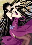  absurdres artist_request bare_shoulders black_hair bracelet bug butterfly highres ichihara_yuuko insect jewelry long_hair lying official_art red_eyes scan solo thighhighs very_long_hair xxxholic 