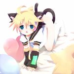  all_fours androgynous animal_ears aqua_eyes bad_id bad_pixiv_id bed blonde_hair bottomless cat_ears detached_sleeves headset kagamine_len male_focus nail_polish open_mouth pillow sailor_collar socks solo suzugo@erorin tail vocaloid 