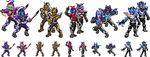  bodysuit helmet hidewomi holding holding_sword holding_weapon kamen_rider kamen_rider_drake kamen_rider_gatack kamen_rider_kabuto kamen_rider_kabuto_(series) kamen_rider_sasword kamen_rider_thebee multiple_boys muscle pixel_art pose simple_background skindentation spread_legs standing sword weapon white_background 