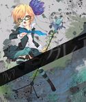  bespectacled blonde_hair eema glare_(vocaloid) glasses hair_ribbon kagamine_rin microphone microphone_stand ribbon short_hair skirt solo striped striped_legwear thighhighs vocaloid yellow_eyes zettai_ryouiki 