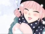  :p alternate_hairstyle blush closed_eyes gloves hat just_be_friends_(vocaloid) megurine_luka mittens outdoors pink_hair polka_dot scarf screencap short_hair snow snowball solo tongue tongue_out twintails vocaloid yunomi_(yunomi_imonuy) 