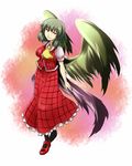  ascot breasts green_hair highres kazami_yuuka large_breasts mary_janes plaid plaid_skirt plaid_vest red_eyes reon_(saikyou) shoes short_hair skirt skirt_set smile solo touhou vest wings 