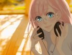  alternate_hairstyle aqua_eyes bespectacled glasses hands headphones headphones_around_neck jewelry just_be_friends_(vocaloid) lips long_hair megurine_luka pink_hair ring screencap smile solo vocaloid yunomi_(yunomi_imonuy) 