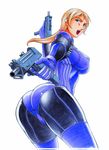  ass blonde_hair blue_eyes bodysuit breasts covered_nipples dual_wielding gun holding jill_valentine large_breasts lipstick looking_back mac-11 makeup minyanyako open_mouth ponytail resident_evil resident_evil_5 shiny shiny_clothes skin_tight solo submachine_gun thighhighs weapon 