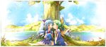  barefoot blue_eyes blue_hair cirno closed_eyes daiyousei feet flower frog green_hair hair_ribbon ice kurage_jin lake mountain multiple_girls nature one_eye_closed ribbon short_hair smile touhou tree wings 