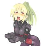  alternate_costume arnval blush busou_shinki cupping_hands doll_joints gloves green_hair hands long_hair open_mouth ponytail red_eyes sexually_suggestive shigehiro_(hiroi_heya) solo tongue 