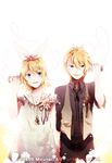  1girl blonde_hair blue_eyes brother_and_sister dress flower hair_ornament hair_ribbon hairclip holding_hands kagamine_len kagamine_rin mirunai ribbon short_hair siblings smile string_phone twins vocaloid 