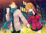  blush breath building city earrings hand_holding jacket jewelry kurosawa_kakeru lights night onanie_master_kurosawa scarf smile snow sugawa_maiko wallpaper wink 