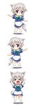  &gt;_&lt; :d animal_ears blush chibi closed_eyes dog_ears dog_tail fumotono_mikoto highres inu_sakuya izayoi_sakuya kemonomimi_mode kyu_kyu_kyu_nyaa maid maid_headdress open_mouth outstretched_arms purple_eyes ribbon smile spread_arms standing tail touhou xd 