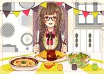  brown_hair egg flower food fork glasses indoors knife lettuce long_hair looking_at_viewer open_mouth original plate salad sitting solo table toto window 