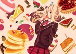  blurry cake candy doughnut food fruit heart highres long_hair macaron open_mouth original pancake skirt slice_of_cake solo stack_of_pancakes strawberry strawberry_shortcake tart_(food) toto 