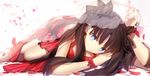  blue_eyes blurry bow brown_hair depth_of_field dress fate/stay_night fate_(series) hair_ribbon highres long_hair looking_at_viewer lying md5_mismatch petals red_dress ribbon rose_petals shinooji sleeveless smile solo toosaka_rin two_side_up white_background wrist_cuffs 