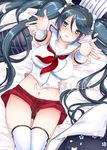  aida_mai bed_sheet black_panties blue_hair blush breasts collarbone crop_top crop_top_overhang detached_sleeves futon green_eyes groin hair_ribbon headgear incoming_hug isuzu_(kantai_collection) jewelry kantai_collection large_breasts long_hair looking_at_viewer lying midriff navel neckerchief on_back open_mouth outstretched_arms panties petals ribbon ring school_uniform short_shorts shorts smile solo thigh_gap thighhighs translation_request twintails underwear 