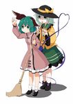 :3 ameyu_(rapon) animal_ears bad_id bad_twitter_id bamboo_broom behind_back blouse boots bow breasts broom commentary_request diamond_(shape) dog_ears dress frilled_skirt frilled_sleeves frills green_eyes green_hair green_skirt hands_up hat hat_bow jpeg_artifacts kasodani_kyouko komeiji_koishi long_sleeves multiple_girls pink_dress shaded_face shoes short_hair simple_background skirt small_breasts sneaking socks standing sweatdrop touhou wavy_mouth white_background 
