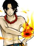  1boy fire freckles male_focus necklace one_piece portgas_d_ace tattoo topless 