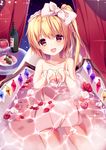  bare_arms bare_shoulders bathing bathtub blonde_hair blush bottle chocolate chocolate_heart collarbone cup curtains drinking_glass flandre_scarlet hair_ribbon heart looking_at_viewer morinaga_kobato naked_towel open_mouth petals red_eyes ribbon side_ponytail slipper_bathtub smile solo table touhou towel water wine_bottle wine_glass wings 