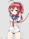  arms_behind_back blush collar i-168_(kantai_collection) kantai_collection leash mitsudoue ponytail red_eyes red_hair school_swimsuit school_uniform serafuku solo swimsuit swimsuit_under_clothes 