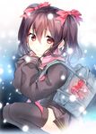  bag black_hair blush heart long_sleeves looking_at_viewer love_live! love_live!_school_idol_project red_eyes ribbon scarf school_bag short_hair skirt snow solo squatting thighhighs twintails valentine yadapot yazawa_nico 