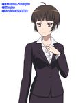  brown_eyes brown_hair dress_shirt formal looking_to_the_side nitro+_blasterz nitroplus official_art psycho-pass shirt short_hair simple_background skirt solo suit tsunemori_akane white_background 