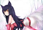  ahri all_fours animal_ears blue_hair fox_ears fox_tail impossible_clothes korean_clothes league_of_legends long_hair looking_at_viewer multiple_tails outdoors slit_pupils smile solo tail whisker_markings xiaodi yellow_eyes 